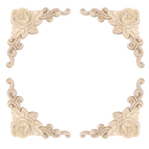 T Tulead Furniture Appliques Wooden Onlay Decorative Appliques 100x100mm Rose Pattern Unfinished Corner Onlay Pack of 4 T Tulead