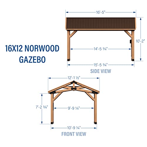 Backyard Discovery Norwood 16 ft. x 12 ft. Cedar Wood Gazebo,Thermal Insulated Steel Roof, Durable, Supports Snow Loads and Wind Speed, Rot