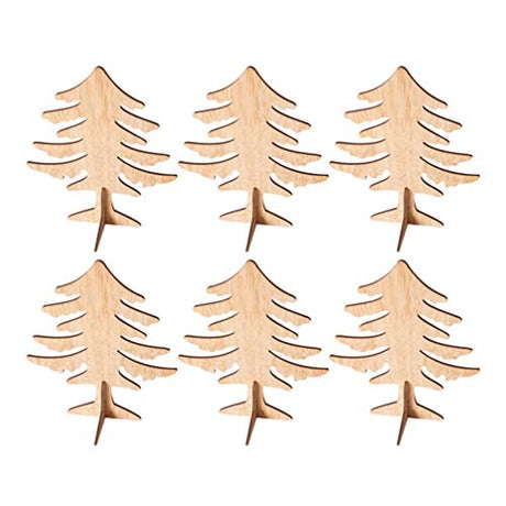 Amosfun 6pcs Wooden Christmas Tree Crafts 3D Unfinished Natural Wood Cutouts Sculpture Tabletop Xmas Tree Ornament for Cabinet Bookshelf Party Decor Amosfun
