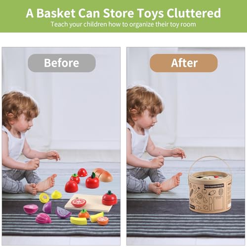 WHOHOLL Wooden Play Food for Kids Kitchen Playset, Play Kitchen Accessories Pretend Cutting Food Montessori Toys for 2+ Year Old with Basket, Toy WHOHOLL