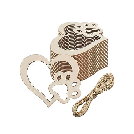 Creaides 20pcs Heart Paw Wood Cutouts Crafts Wooden Heart Dog Paw Shaped Hanging Ornaments with Jute Twines Gift Tags for DIY Projects Baby Showe Creaides