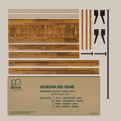 Georgina Mid Century Modern Bed Frame with Handcrafted Geometric Headboard in Teak Brown Bme