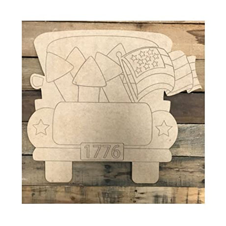 Patriotic Pickup Truck with Flag Wood Craft Unfinished Wooden Cutout Art DIY Wooden Sign Inspirational Wall Plaque Farmhouse Home Wall Hanging Sign Arupkeer