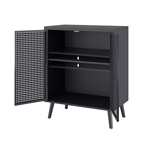 JZXSHD Metal Rattan Accent Cabinet - 2 Door Buffet Storage for Kitchen, Living Room and Hallway, Black JZXSHD