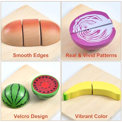 WHOHOLL Wooden Play Food for Kids Kitchen Playset, Play Kitchen Accessories Pretend Cutting Food Montessori Toys for 2+ Year Old with Basket, Toy WHOHOLL