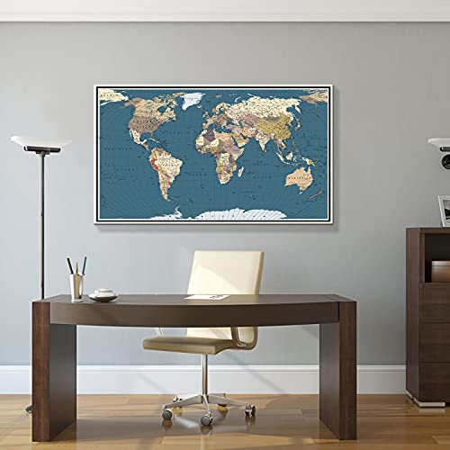 WELMECO Large Office Wall Decoration Detailed World Map Canvas Prints with Premium White frame Push Pins Travel Map of The World Picture Artwork for WELMECO