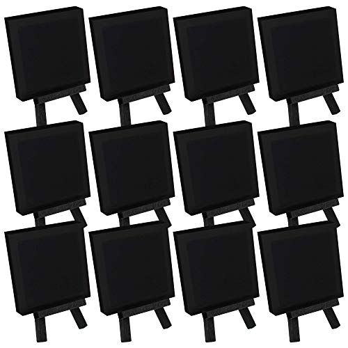 U.S. Art Supply 3" x 3" Stretched Black Canvas with 5" Mini Black Wood Display Easel Kit (Pack of 12), Artist Tripod Tabletop Holder Stand - Painting US Art Supply