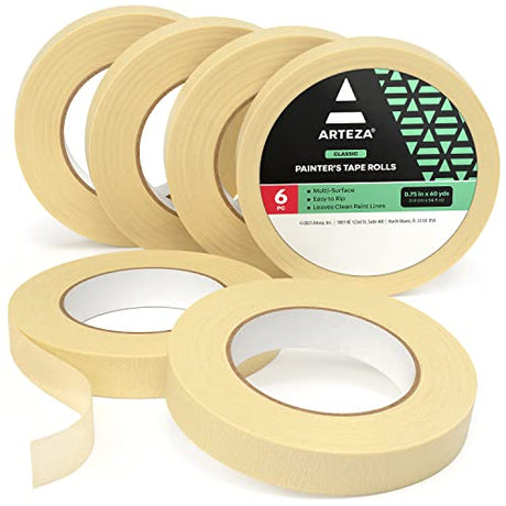 Arteza Masking Tape, 6 Rolls, 0.75 Inches x 60 Yards, Multi-Surface Easy-to-Rip Paper Tape, Art Supplies for Painting Walls, Glass, or Creating ARTEZA
