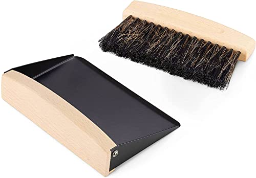 OAKART Mini Metal Dustpan and Brush Set for Sweeping Crumbs Fireplace, Natural Table Sweeper Combo Black Horsehair OAKART