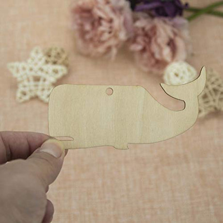 JANOU 20pcs Whale Shaped Wood Cutouts DIY Craft Unfinished Wooden Gift Tags with Ropes DIY Projects Embellishments Ornaments Decoration, 3.94x2 Inch JANOU