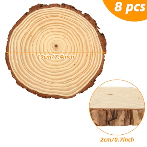 SHUESS 8 PCS 7-7.8 Inch Nature Unfinished Wood Slices, Round Wooden Circle with Tree Bark, Large Natural Pine Wood Slabs Rustic Wood Slices for DIY - WoodArtSupply