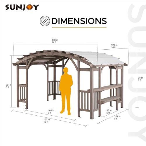 Sunjoy Arched Pergola 10 x 14 ft. Light Grey Outdoor Cedar Framed Wood Pergolas with Weather-Resistant Canopy for Patio, Garden, Backyard Activities - WoodArtSupply