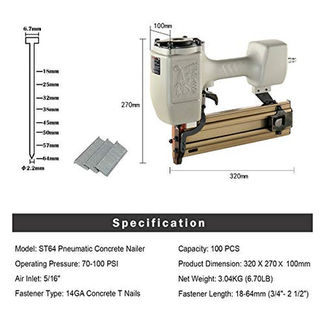 Woodpecker ST64 14 Gauge 3/4" to 2-1/2" Pneumatic Concrete T Nailer Gun with 400pcs Concrete T Nails, Air Power Heavy Duty Concrete Nail Gun Brad Since