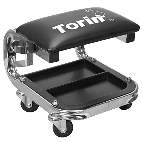 AR7451B Torin Heavy Duty Rolling Creeper Garage/Shop Seat: Padded Mechanic Stool with Tool Tray Storage and Cup Holder, Black Torin