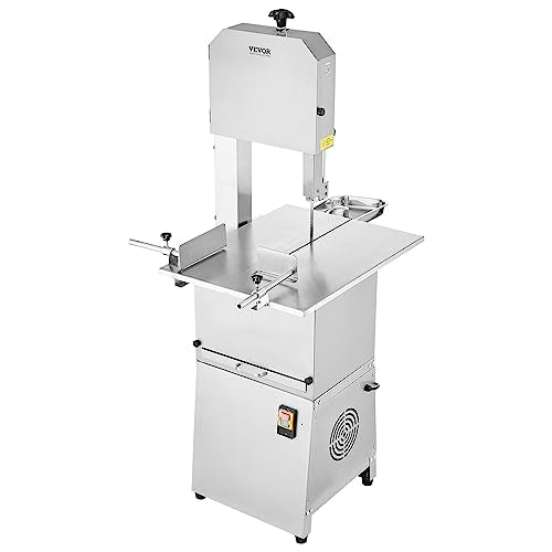 VEVOR Commercial Electric Meat Bandsaw, 850W Vertical Bone Sawing Machine, Stainless Steel 23.6" x 18.3" Workbench, Frozen Meat Cutter with 2 Blades,