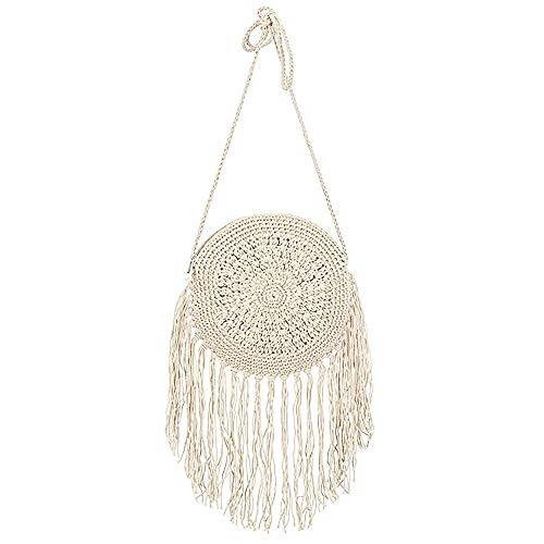 Goclothod Women Crochet Fringed Shoulder Bag Cotton Tassel Crossbody Bag Hippie Beach Purse Off-white Goclothod