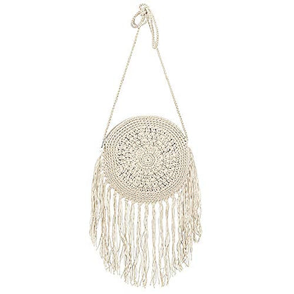 Goclothod Women Crochet Fringed Shoulder Bag Cotton Tassel Crossbody Bag Hippie Beach Purse Off-white - WoodArtSupply