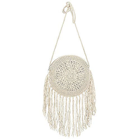 Goclothod Women Crochet Fringed Shoulder Bag Cotton Tassel Crossbody Bag Hippie Beach Purse Off-white Goclothod