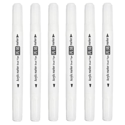 Arhomet White Acrylic Paint Markers, 6 Pack Dual Tip Double-Sided Acrylic Water-Based Paint Pens for Stone, Glass, Ceramic, Easter Egg, Metal, Wood,