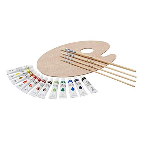 KINGART Artist Acrylic Painting Set with Wooden H-Frame Studio Easel, 12 Vivid Acrylic Paint Colors, 6 Canvas Panels, 4 Brushes, Wood Palette KINGART