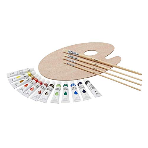 KINGART Artist Acrylic Painting Set with Wooden H-Frame Studio Easel, 12 Vivid Acrylic Paint Colors, 6 Canvas Panels, 4 Brushes, Wood Palette - WoodArtSupply