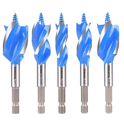SOMADA Auger Drill Bit Set for Wood, 5-Piece, 1/2", 5/8", 3/4", 7/8" and 1" Inch Size, 4-Inch Long with Storage Case, Impact Wood Auger Set with