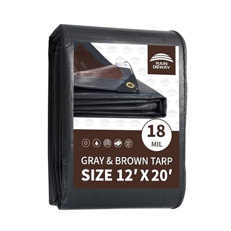 RAINDEWAY 12x20 Feet Super Heavy Duty Tarp 18 Mil, UV Resistant, Weatherproof, Multipurpose Waterproof Poly Tarp with Grommets and Reinforced Edges, RAINDEWAY
