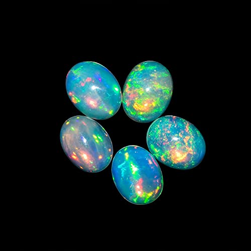 5pcs, 100% Real Ultra Fire Ethiopian Opal Oval Cabochon Natural Gemstone, Opal Rock Crystals, DIY-Crafts Jewelry Making Loose Supply, Chakra Healing QNAVIC