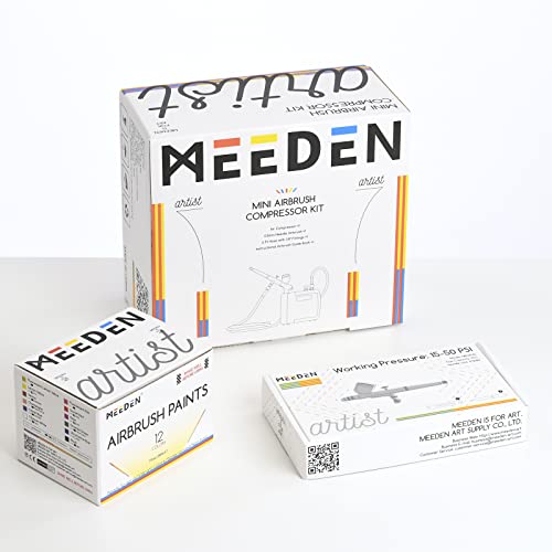 MEEDEN Mini Airbrush Kit, Dual-Action Gravity Feed 0.5mm Airbrush, 12 Colors Airbrush Paint Set, Multi-Purpose Portable Compressor Set for Art Craft, MEEDEN