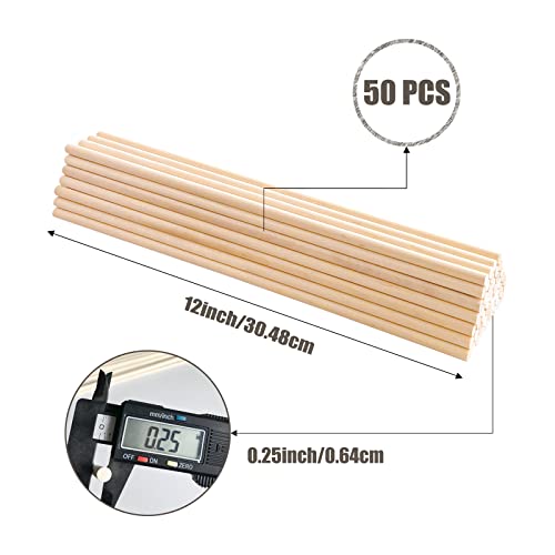 KTOJOY 50PCS Dowel Rods Wood Sticks Wooden Dowel Rods - 1/4 x 12 Inch Precut Dowels for Crafting, Hardwood Dowel Rod Assortment, Wooden Rod Sticks KTOJOY