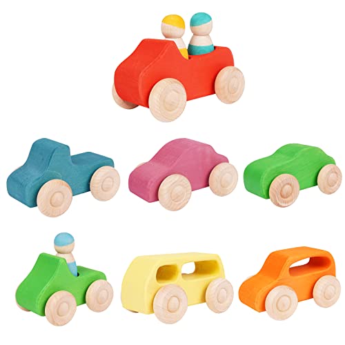 Agirlgle Montessori Wooden Car Toys - 7 Rainbow Wooden Vehicle Set Toy for Toddlers and Babies 3 Wooden Peg Doll, Colorful Pretend Play Wooden Push Agirlgle