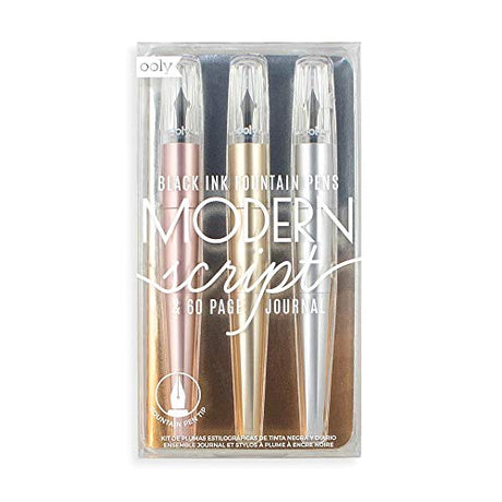 Ooly, Modern Script Fountain Pens and Journal Set, for Calligraphy, Journaling, Writing, School - 3 Pens & 1 Journal Ooly