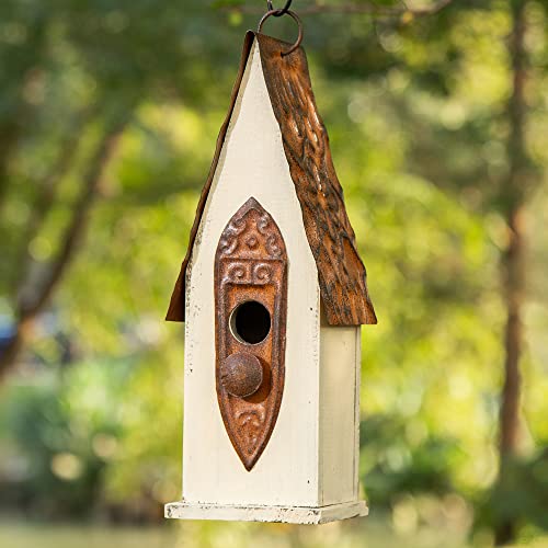 Glitzhome GH90103 Hanging Distressed Wooden Bird House Garden Decorative 13.25 Inch Tall, White - WoodArtSupply