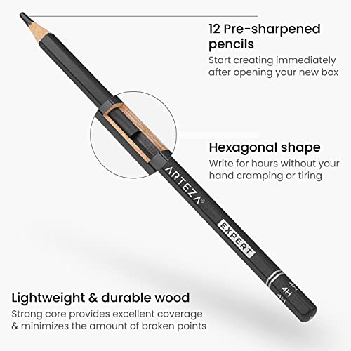 ARTEZA Professional Drawing Sketch Pencils Set of 12, Medium (6B - 4H), Art Supplies for Drawing Art, Sketching, Shading, Artist Pencils for - WoodArtSupply