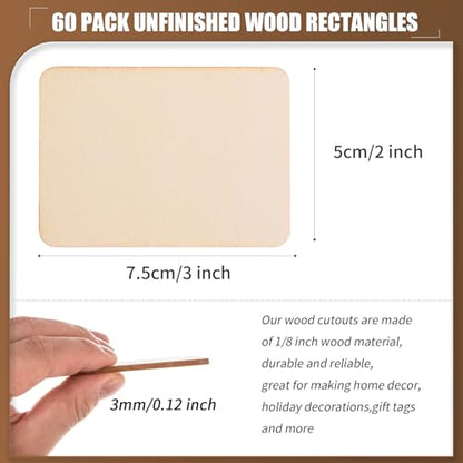 60 Pcs Unfinished Wood Rectangles Cutouts 2x3 Inch Rectangle Unfinished Wood Pieces Blank Wooden Cutout Tiles with Rounded Corners Wood Rectangles