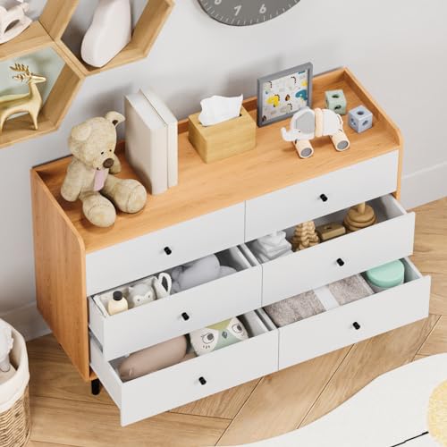 MAISONPEX Dresser for Bedroom with 6 Drawers and Metal Handle,Sturdy Frame Modern Bedroom Furniture, Chest of Drawers, White Dressers with Drawers MAISONPEX