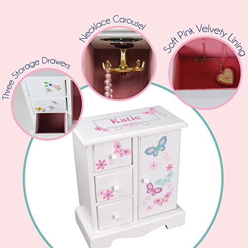 My Bambino Personalized Jewelry Box Amoire Tall Wood Organizer Chest for Girls (Teal Pink Butterflies) - WoodArtSupply