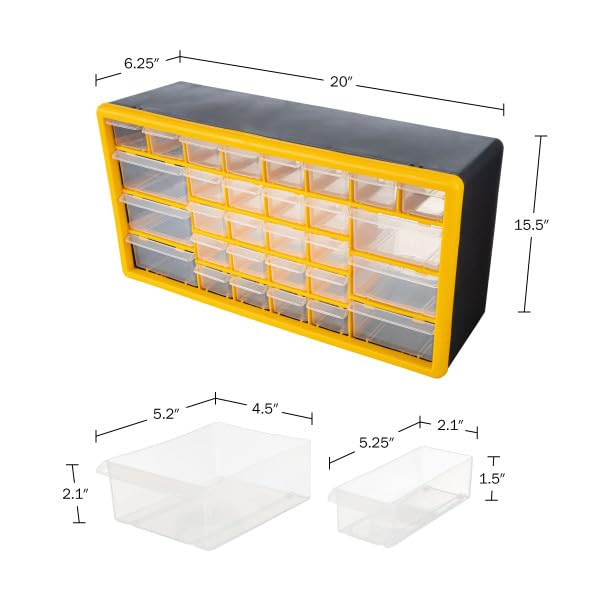 Stalwart 30-Drawer Small Part Organizer, 19.6" x 6.25" x 9.75", Yellow - WoodArtSupply