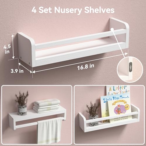 Boswillon Dual-Guard Nursery Floating Bookshelves – Set of 4, White Wooden Wall Shelves for Kids' Room Decor