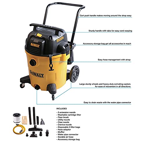 DEWALT 16 Gallon Poly Wet Dry Vacuum, 6.5 Peak HP 12 Amps Heavy Duty Vacuums, Cart Style Wet/Dry/Blower 3 in 1 Multifunction Shop Vacuum, Built-in - WoodArtSupply