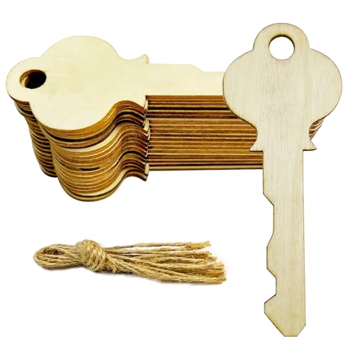 30pcs Key Wood DIY Crafts Cutouts Blank Wooden Key Shaped Hanging Ornaments Gift Tags with Hole for Wedding Birthday Party Home Decoration - WoodArtSupply