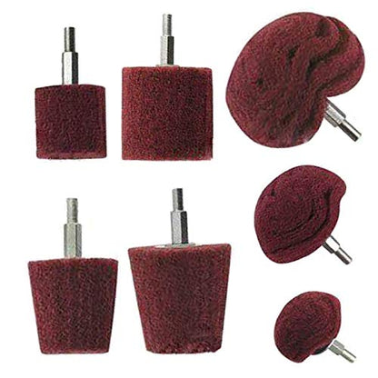 Polishing (Brushing) Shaped scouring pad Grinding Head - 7Pcs Red Non Woven Abrasive Drill Buffing Attachment Set with 1/4 Handle for