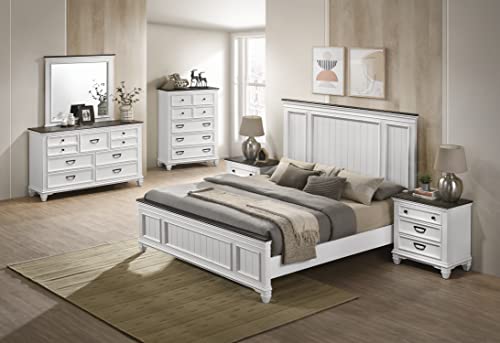 Roundhill Furniture Clelane Wood Bedroom Set with Shiplap Panel Bed, Dresser, Mirror, Two Nightstands, and Chest, Queen, Weathered White and Walnut Roundhill Furniture