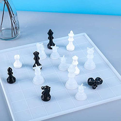 RESINWORLD Set of 3 Shiny Bookmarks Silicone Mold + 12 inches XL Large Checkers Chess Board Mold & 16 Pieces Full Size 3D Silicone Chess Piece Mold