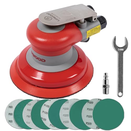 Pneumatic random orbital sander 5-inch light weight palm sander 3/16" (5 mm) diameter orbit 12000 RPM with extra 10pcs sandpaper - WoodArtSupply