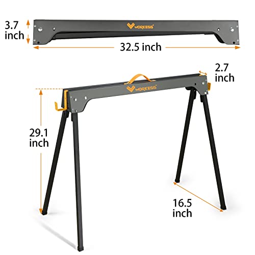 WORKESS Saw Horses 2 Pack, Heavy Duty Folding Portable Saw Horses Table 2200 Lbs Load Capacity with 2x4 Support Legs, Fast Open Legs and Easy Grip WORKESS