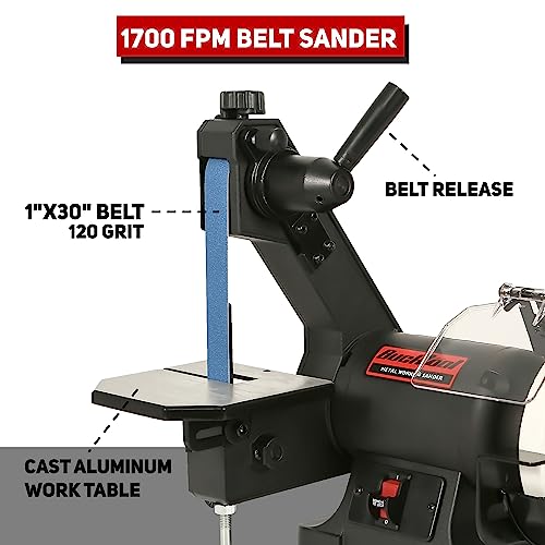 Bucktool Low Speed Bench Belt Grinder Combo, 2.1A 1x30 inch Belt & 6 inch Grinder, 1/3 HP Low Speed Bench Belt Disc Sander Combo for Knife Making, Bucktool