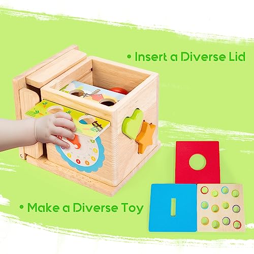 JUSTWOOD Montessori Toys for 1+ Year Old, 8-in-1 Wooden Play Kit Includes Object Permanent Box, Learning Activity Cube, Sorting & Stacking Toy, JUSTWOOD