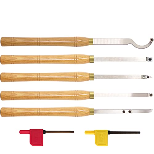 AT05 Carbide Tipped Wood Turning tools Lathe set Rougher Detailer Finisher Swan Neck Hollower Parting Tool with Solid Wood Handle and Diamond Round Asieg Tool