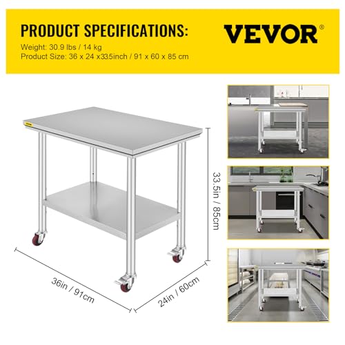 Mophorn Stainless Steel Work Table 36x24 Inch with 4 Wheels, Casters Heavy Duty Food Prep Worktable for Commercial Kitchen Restaurant Vevor
